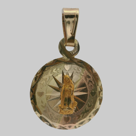 MEDALLA REDONDA VIRGEN DE GUADALUPE CON ACABADO DIAMANTADO 14K