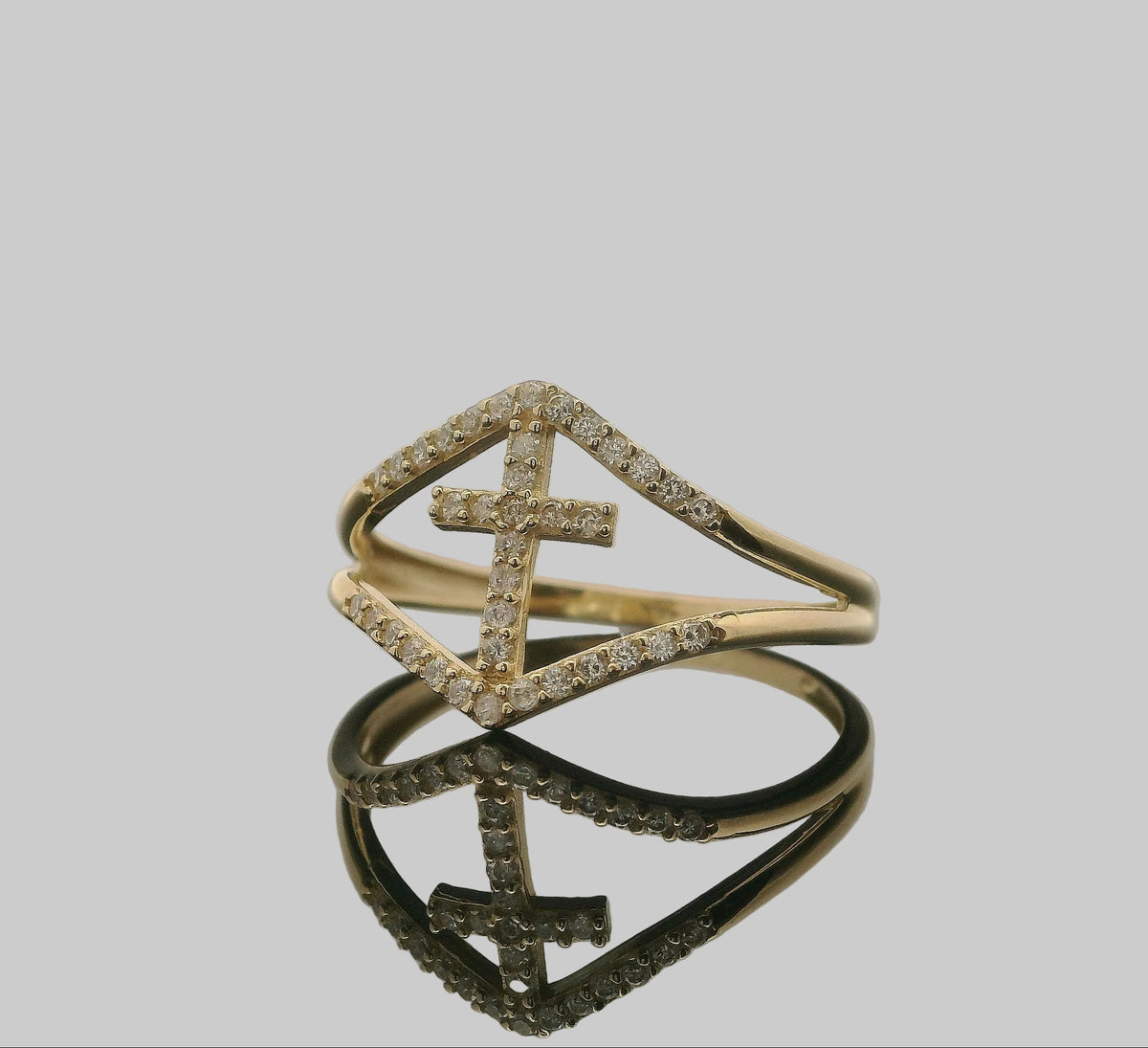 ANILLO DE ORO AMARILLO CON CRUZ Y PIEDRAS 14K