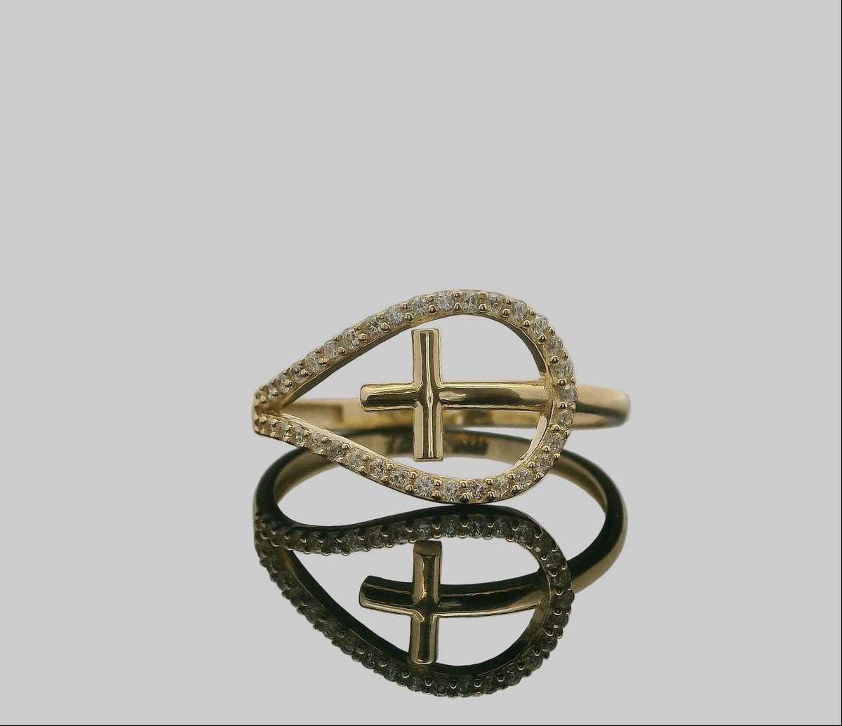 ANILLO DE ORO AMARILLO CON CRUZ Y CONTORNO DE PIEDRAS 14K