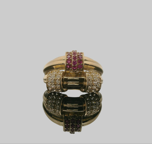 ANILLO TRICOLOR CON DETALLES DE PIEDRAS 14K