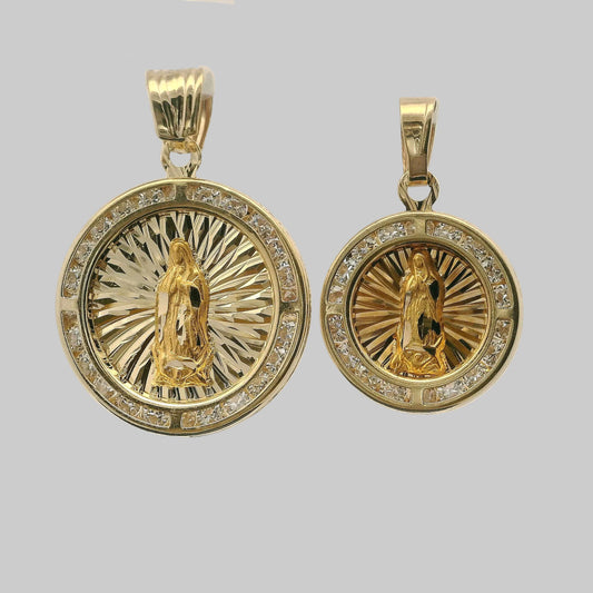 MEDALLA REDONDA DE LA VIRGEN DE GUADALUPE CON ZIRCONIAS 14K