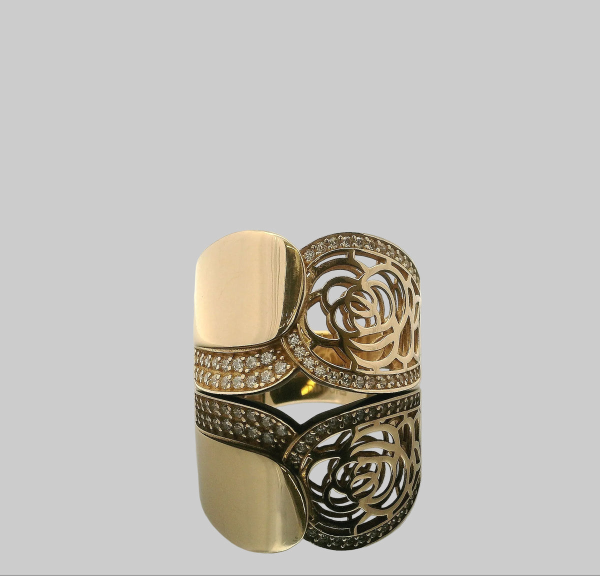 ANILLO DE ORO CON DISEÑO DE ROSA Y ZIRCONIAS 14K