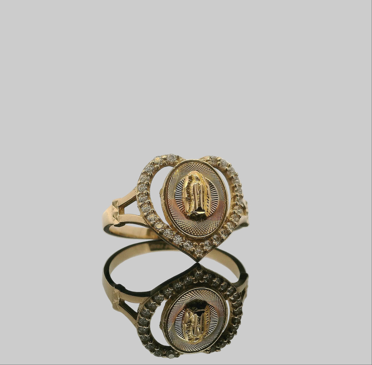 ANILLO CORAZÓN DE LA VIRGEN DE GUADALUPE EN ORO 14K