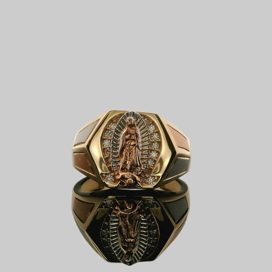 ANILLO VIRGEN DE GUADALUPE CON DETALLES BRILLANTES 14K