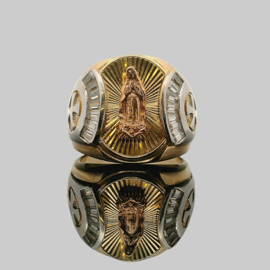 ANILLO VIRGEN DE GUADALUPE CON PIEDRAS RECTANGULARES EN ORO 14K