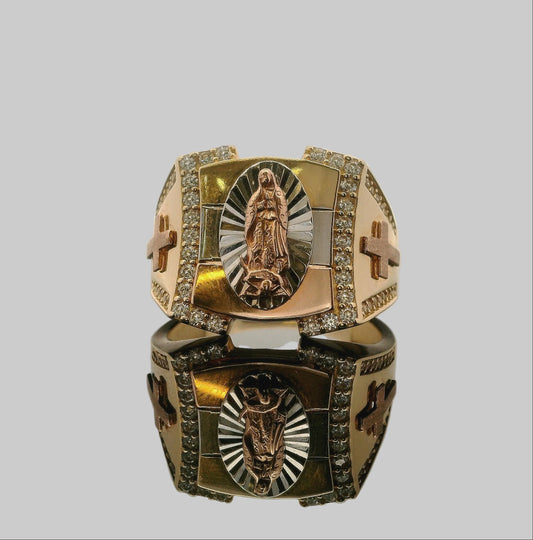 ANILLO VIRGEN DE GUADALUPE CON CRUCES Y PIEDRAS EN ORO 14K